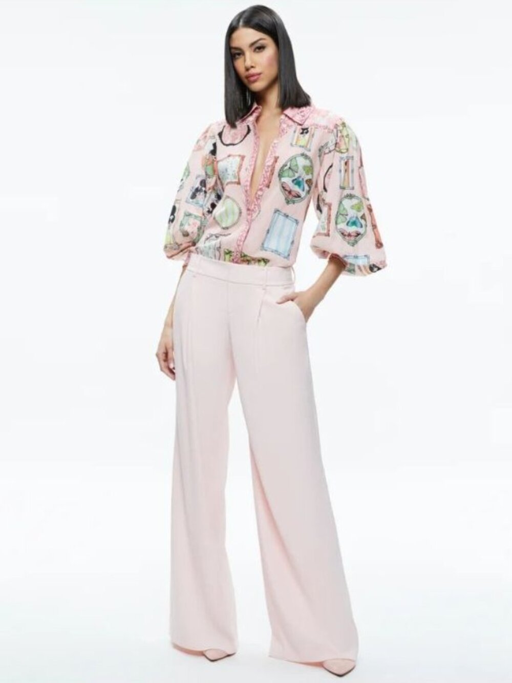 Alice + Olivia Tiffie Mirror Stace Face Drama Sleeve Blouse Medium - Picture 5 of 12